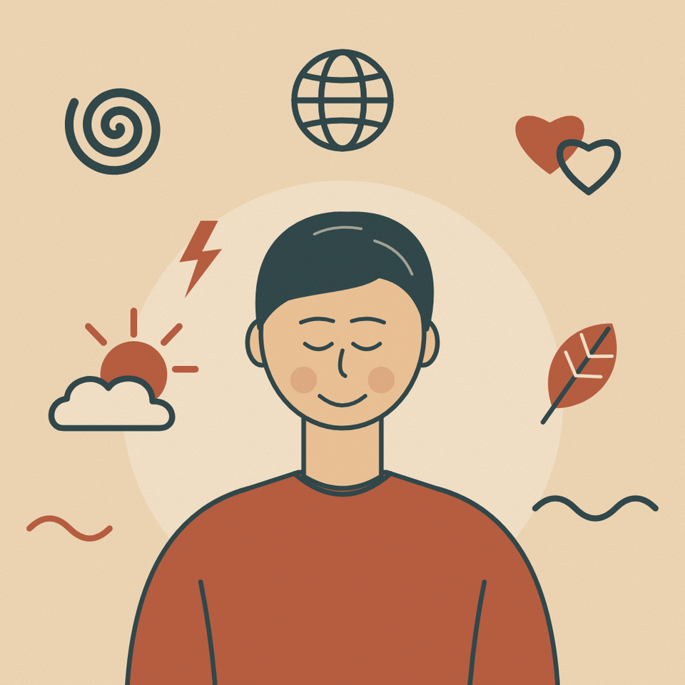 Psicoterapia individuale Roma: illustrazione di una persona serena circondata dai simboli di ansia, umore, relazioni, lutto e vita all'estero