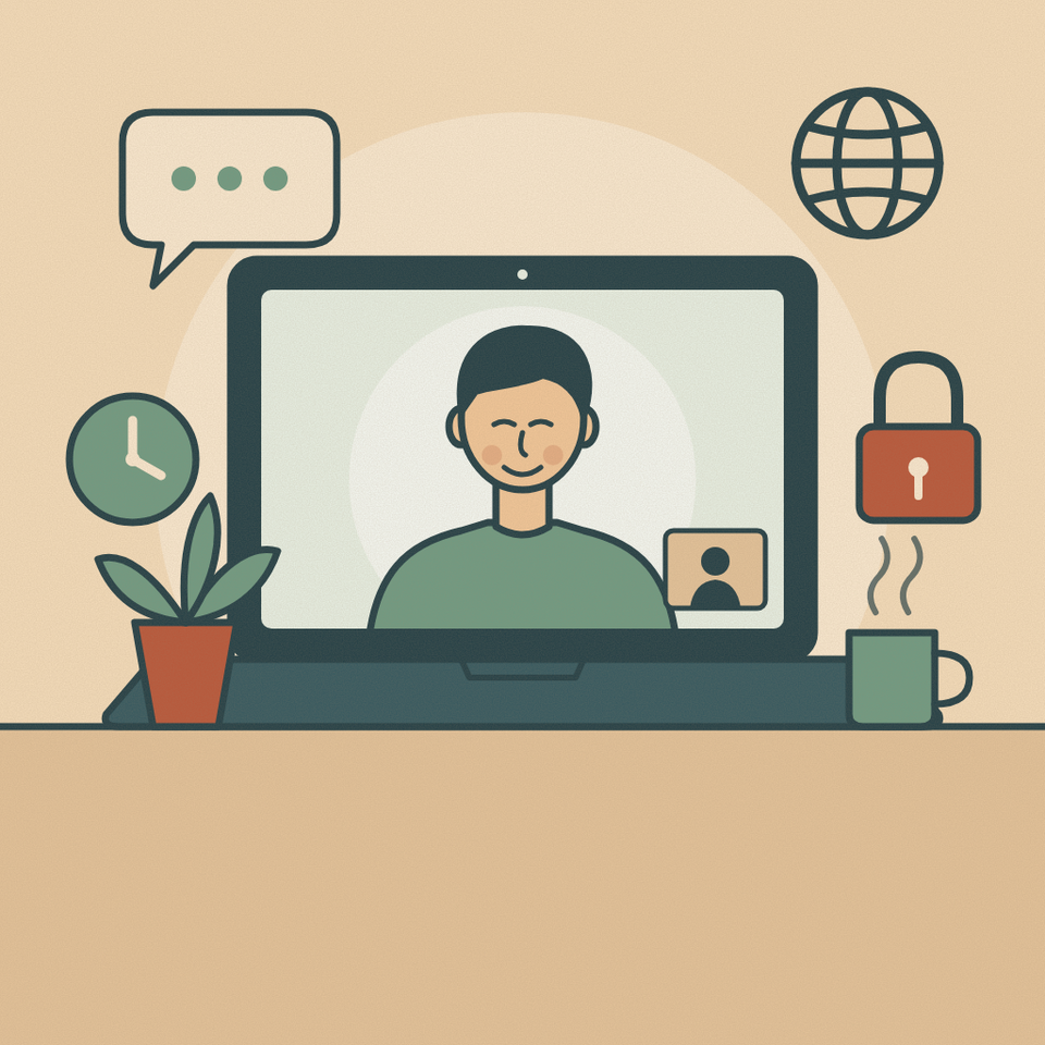 Psicologo online in italiano: illustrazione di una seduta in videochiamata dal computer, con simboli di riservatezza, fuso orario e dialogo