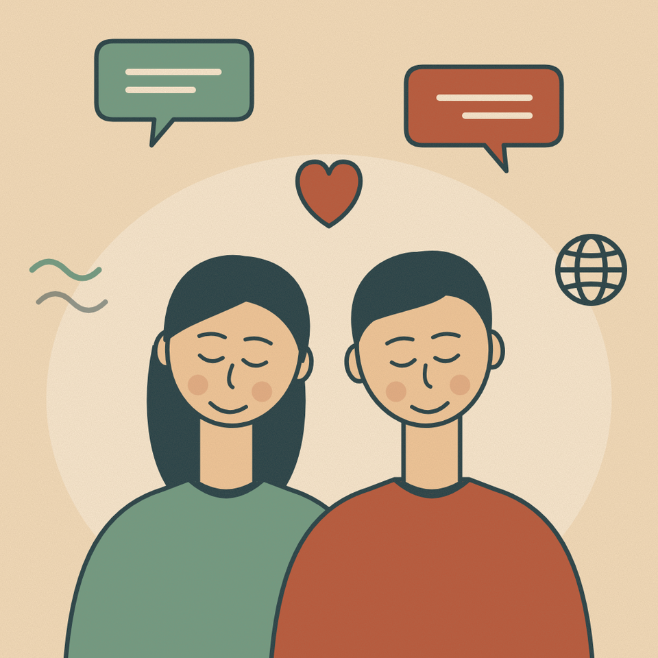 Terapia di coppia Roma e online: illustrazione di due partner sereni, uno accanto all'altro, con due fumetti di dialogo e un cuore